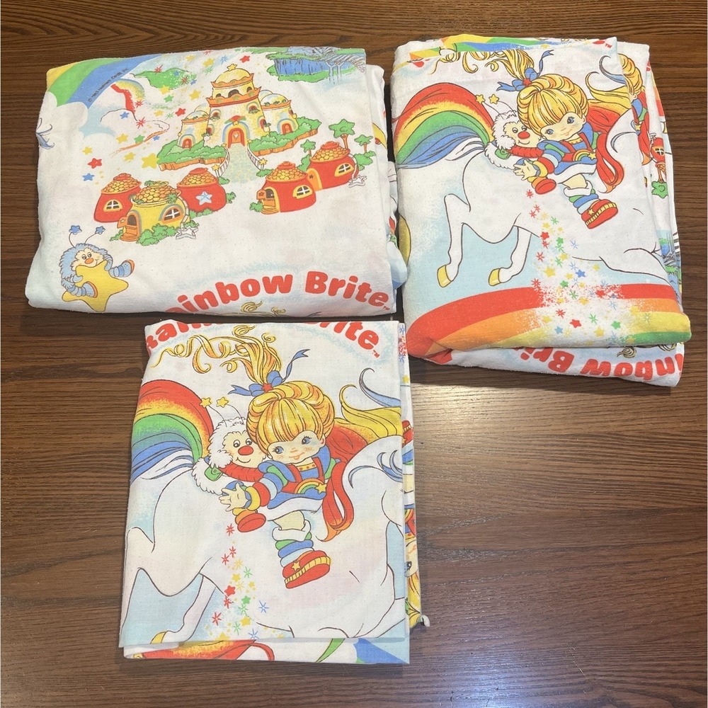 VTG 1983 Rainbow Brite Twin 3 Piece Sheet Set Hallmark Bibb Flat, Fitted & Case